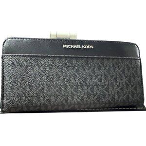 Michael Kors Black Leather Monogram Zip Around Wallet With Card Slots